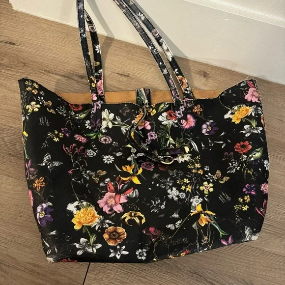 *read description* Black Multicolor Floral Large Tote Bag Work Beach Travel - Picture 2 of 8